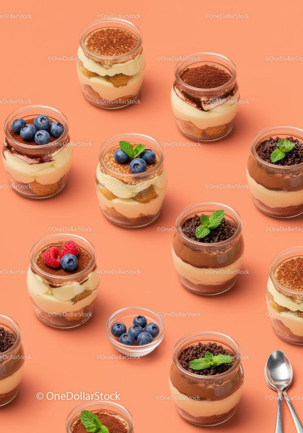 Assorted creamy tiramisu desserts in glass jars with berries