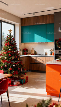 Modern kitchen with festive Christmas tree and decor