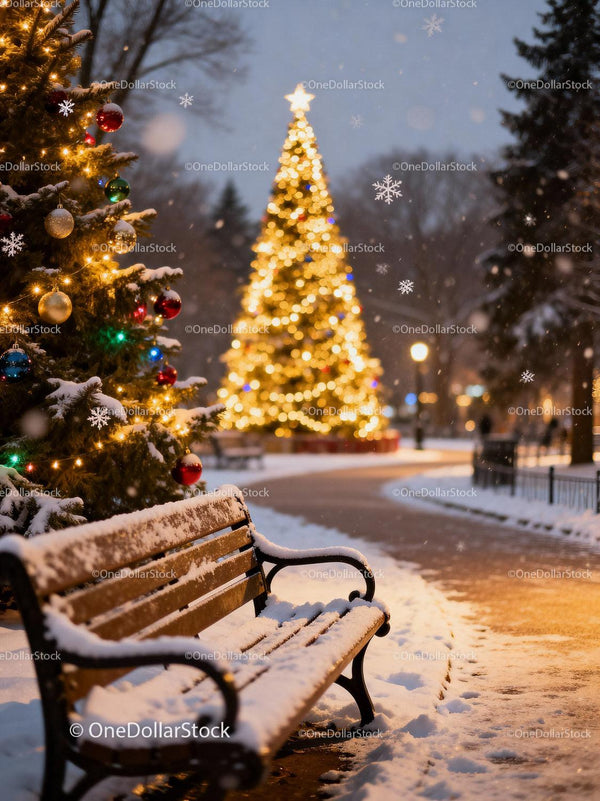 Snow-covered bench near festive Christmas trees in park