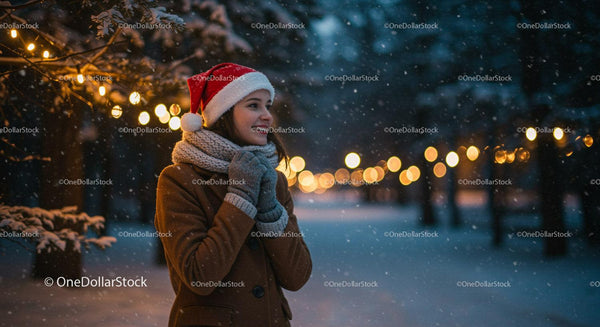 Young woman enjoying a snowy winter evening outdoors