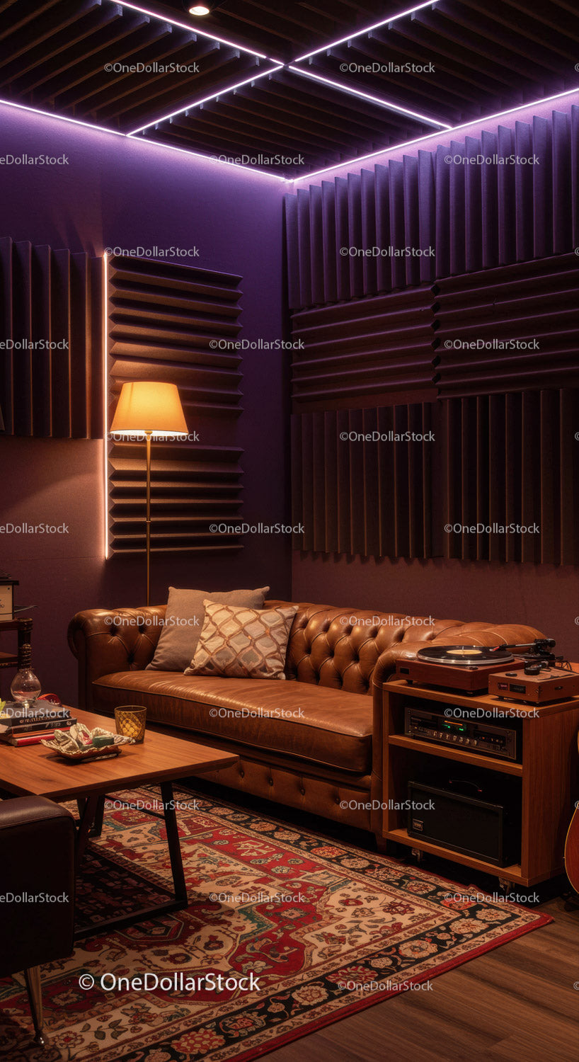 Cozy lounge with leather sofa and vintage record player