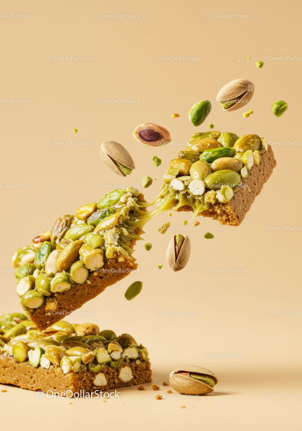 Crunchy pistachio nut bar breaking apart midair