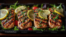 Grilled Salmon with Lemon Slices and Fresh Herbs on Bed of Greens