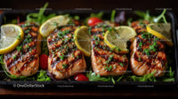 Grilled Salmon with Lemon Slices and Fresh Herbs on Bed of Greens
