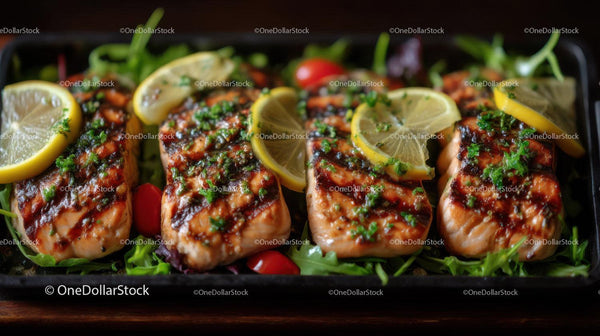 Grilled Salmon with Lemon Slices and Fresh Herbs on Bed of Greens