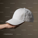 Hand holding a clean white baseball cap on brown background