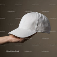 Hand holding a clean white baseball cap on brown background