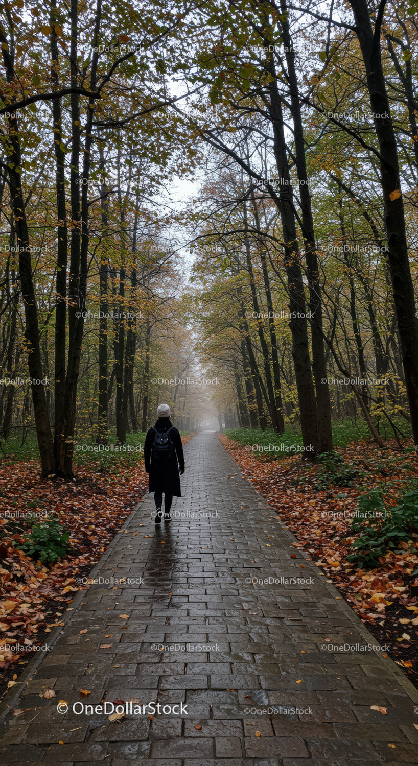 Person walking alone on a wet autumn forest path