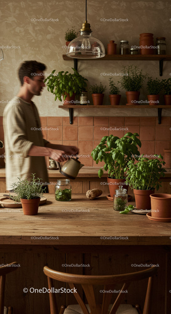 Man Watering Fresh Basil and Herbs in a Cozy Kitchen