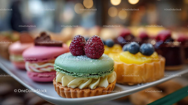 Colorful Fruit-Topped Macarons and Pastries on Elegant Dessert Display