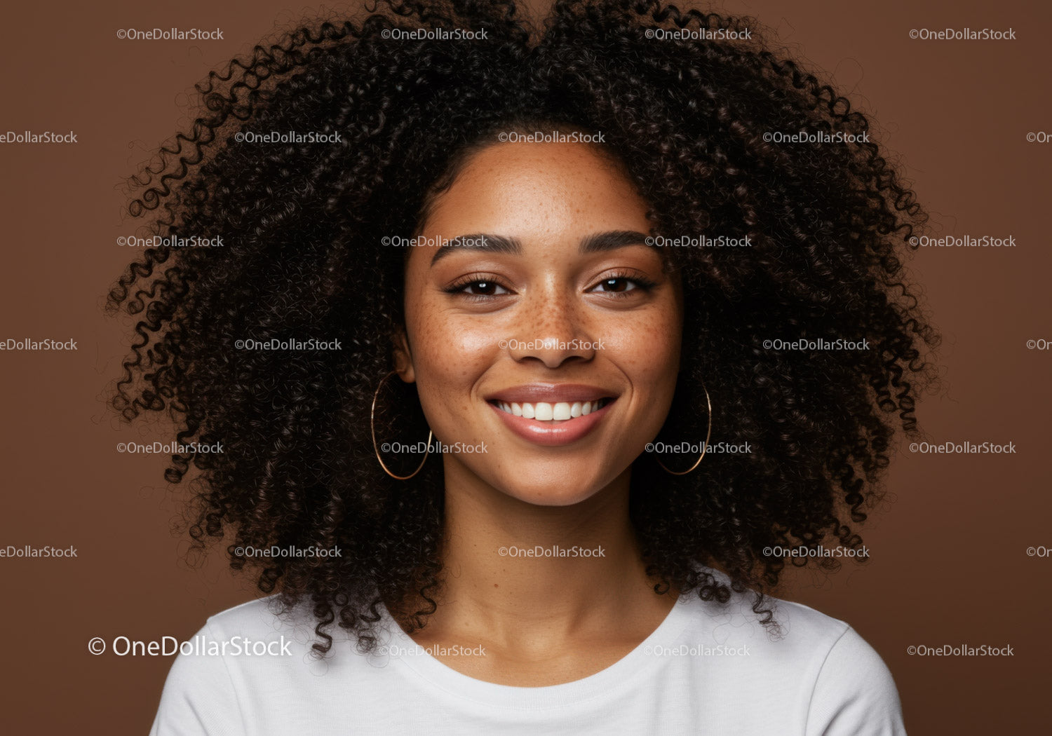 Portrait of Smiling African American Woman with Curly Hair and Hoop Earrings