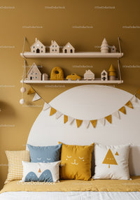 Colourful Children's Bedroom with Animal Face Pillows and Wall Shelves
