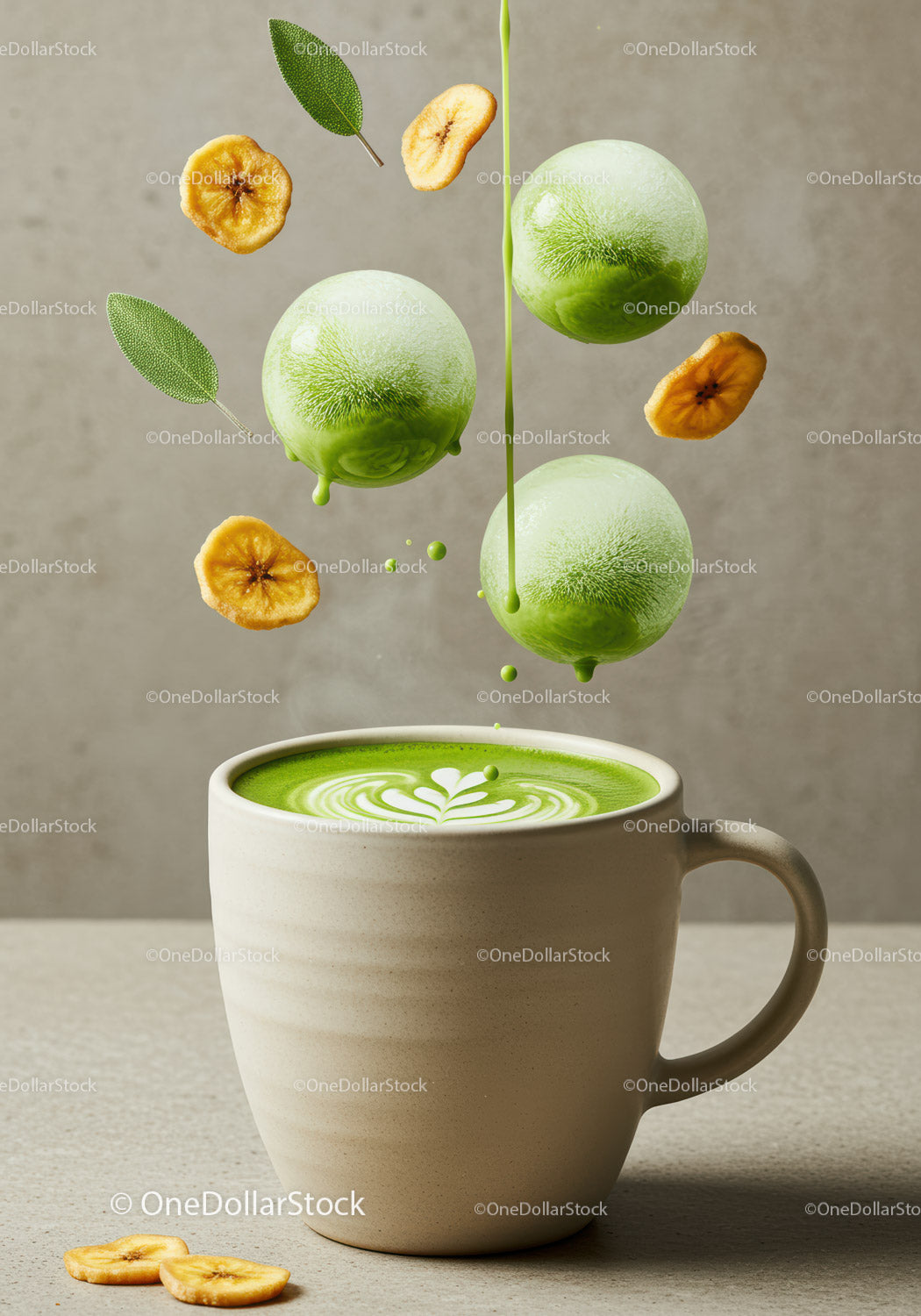 Green matcha latte with banana chips and fresh sage leaves