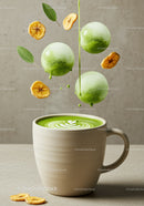 Green matcha latte with banana chips and fresh sage leaves