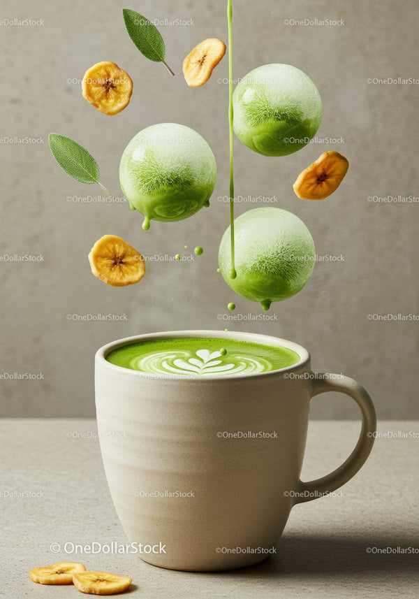 Green matcha latte with banana chips and fresh sage leaves
