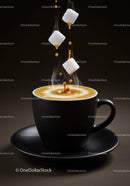 Sugar Cubes Falling into Steaming Coffee Cup