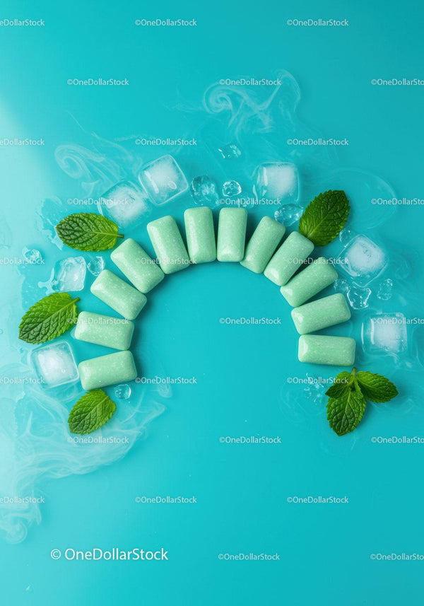 Mint Gum Pieces with Ice Cubes and Fresh Leaves