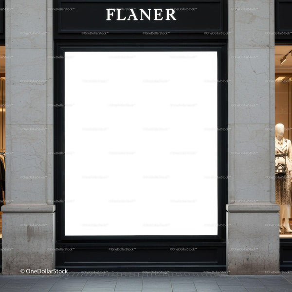 Modern storefront with illuminated blank display window JPG Mockup Image