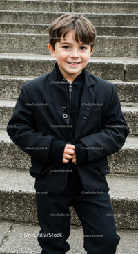 Smiling boy in black suit standing on stone steps