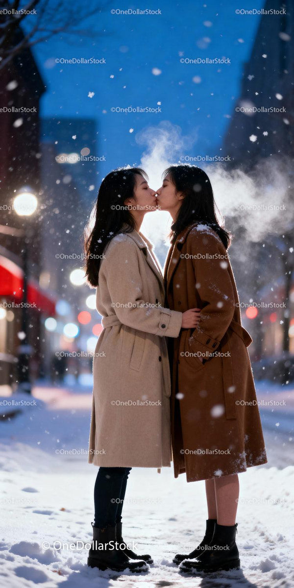 Couple Sharing a Tender Kiss in Snowy Evening