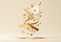 Fresh sliced pears with cinnamon and pistachios floating