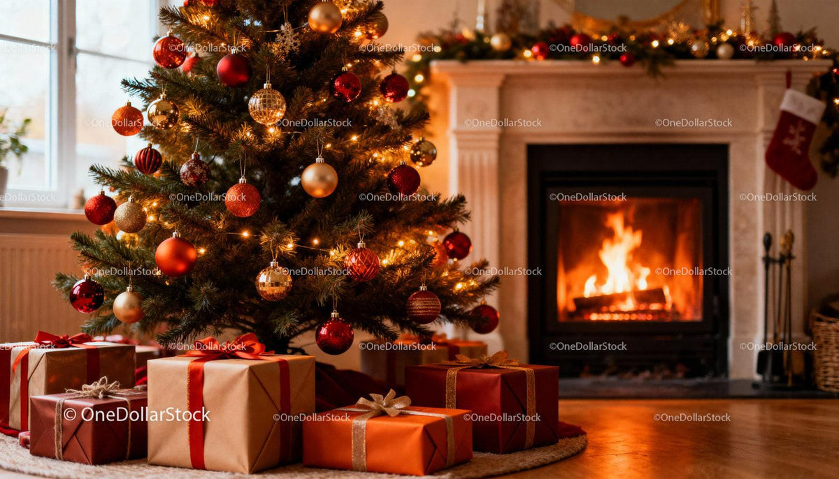 Cozy Christmas Tree with Presents by Warm Fireplace