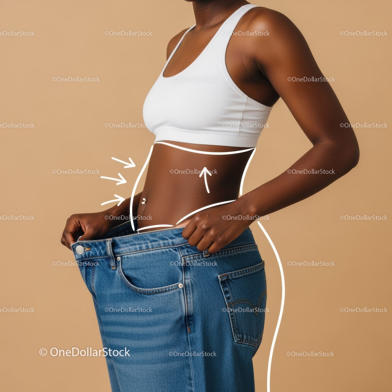 Slim Woman Measuring Waist in Blue Jeans and White Sports Bra