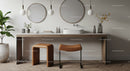 Elegant Modern Bathroom Vanity with Round Mirrors and Wooden Stools