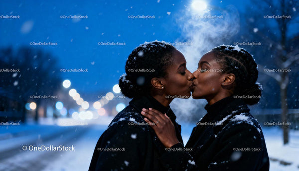 Romantic Winter Kiss Between Two Women in Snowfall