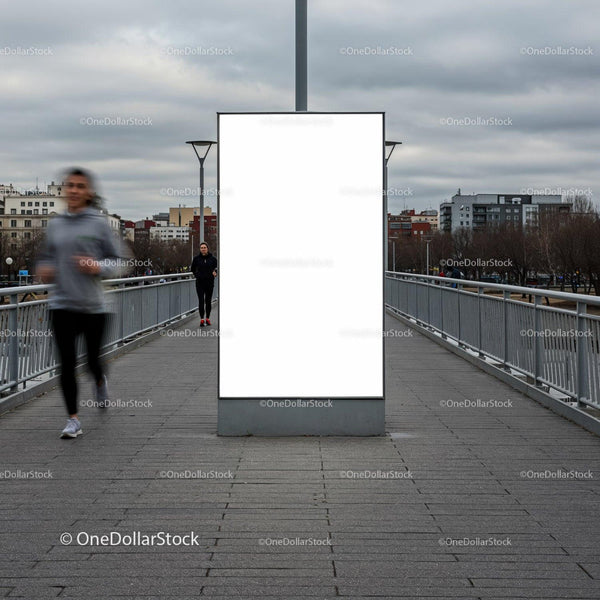 Urban pedestrian bridge with blank advertising board JPG Mockup Image