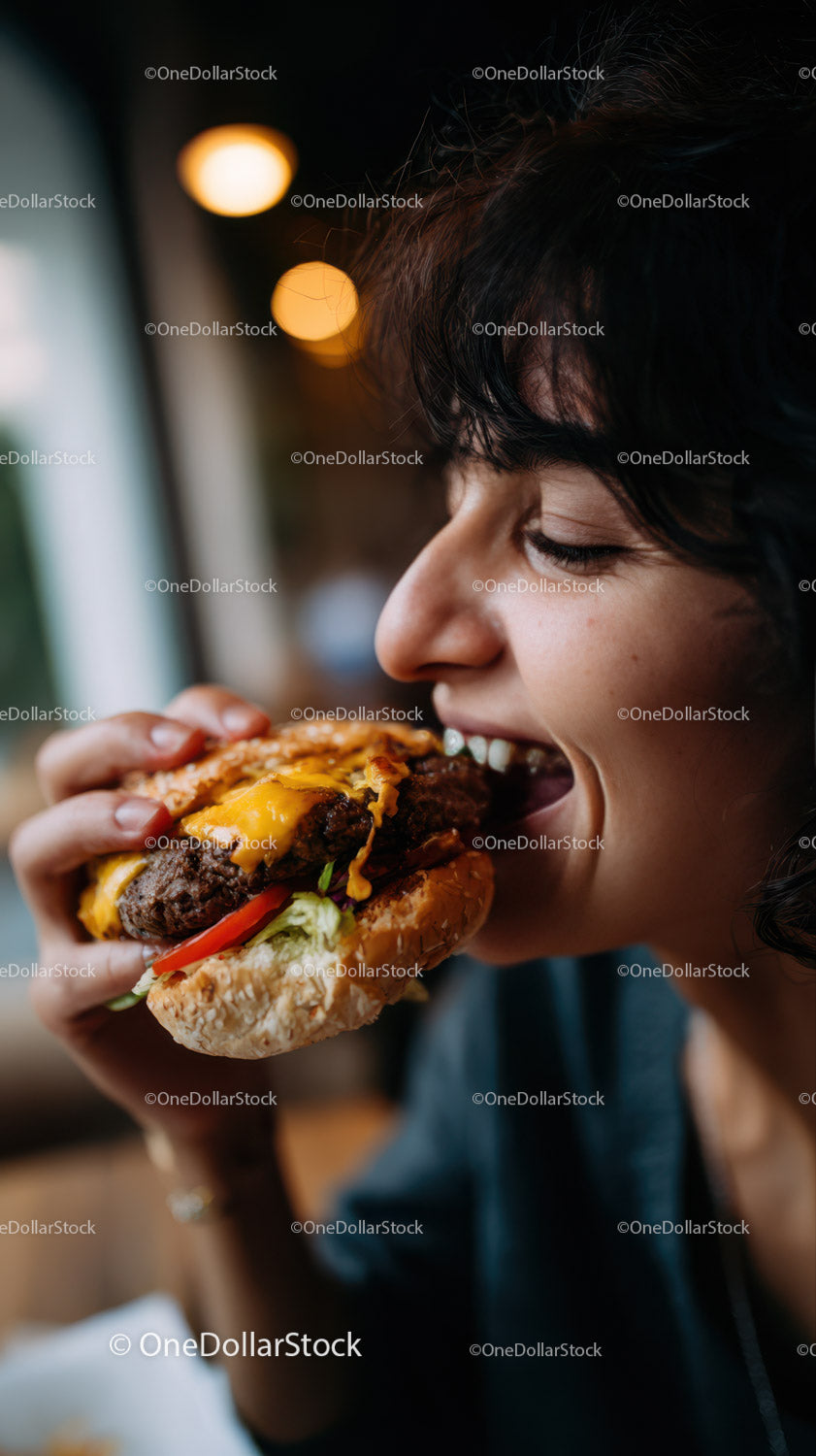 Close-Up of Woman Enjoying Juicy Cheeseburger in a Modern Cafe