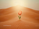 Single peach tulip blooming in vast orange desert sand