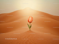 Single peach tulip blooming in vast orange desert sand
