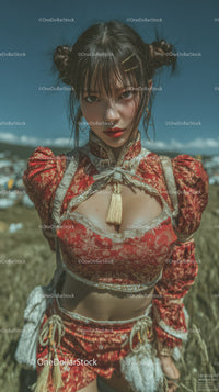Young Woman with Stylish Hair Buns in Floral Traditional Dress Outdoors