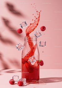 Splash of raspberry drink with ice cubes in glass bottle