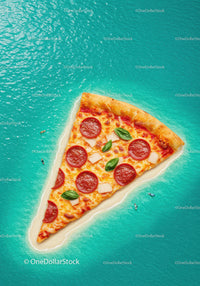 Slice of pepperoni pizza shaped as tropical island