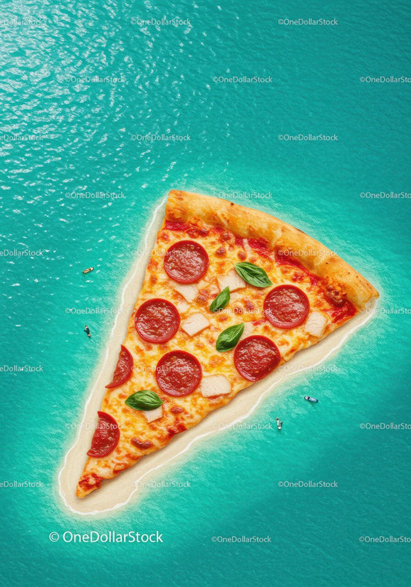 Slice of pepperoni pizza shaped as tropical island