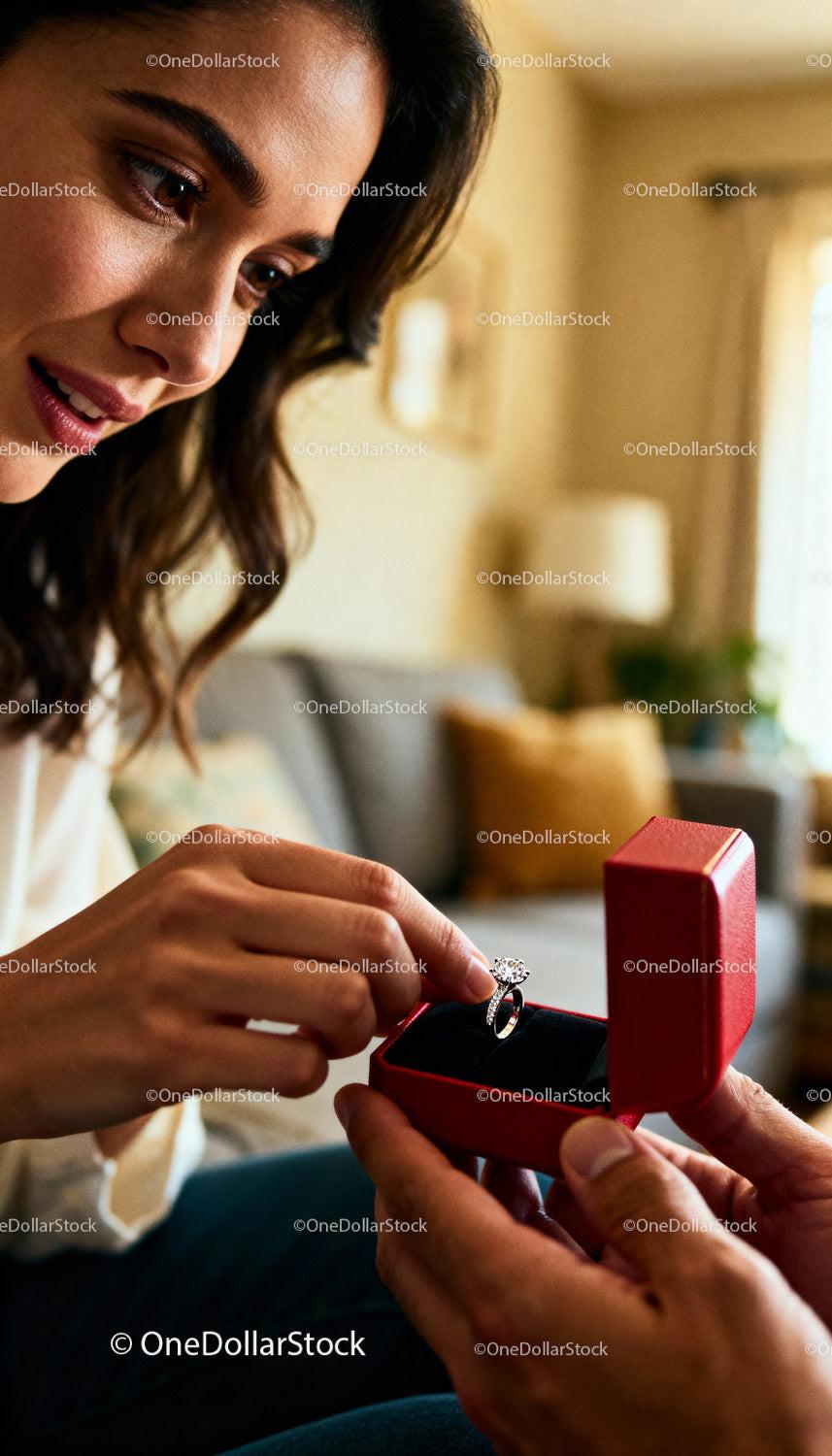 Woman Receiving Diamond Ring in Romantic Home Setting