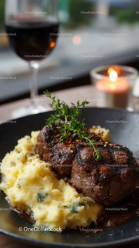 Juicy Steak with Mashed Potatoes and Herb Garnish in Elegant Restaurant