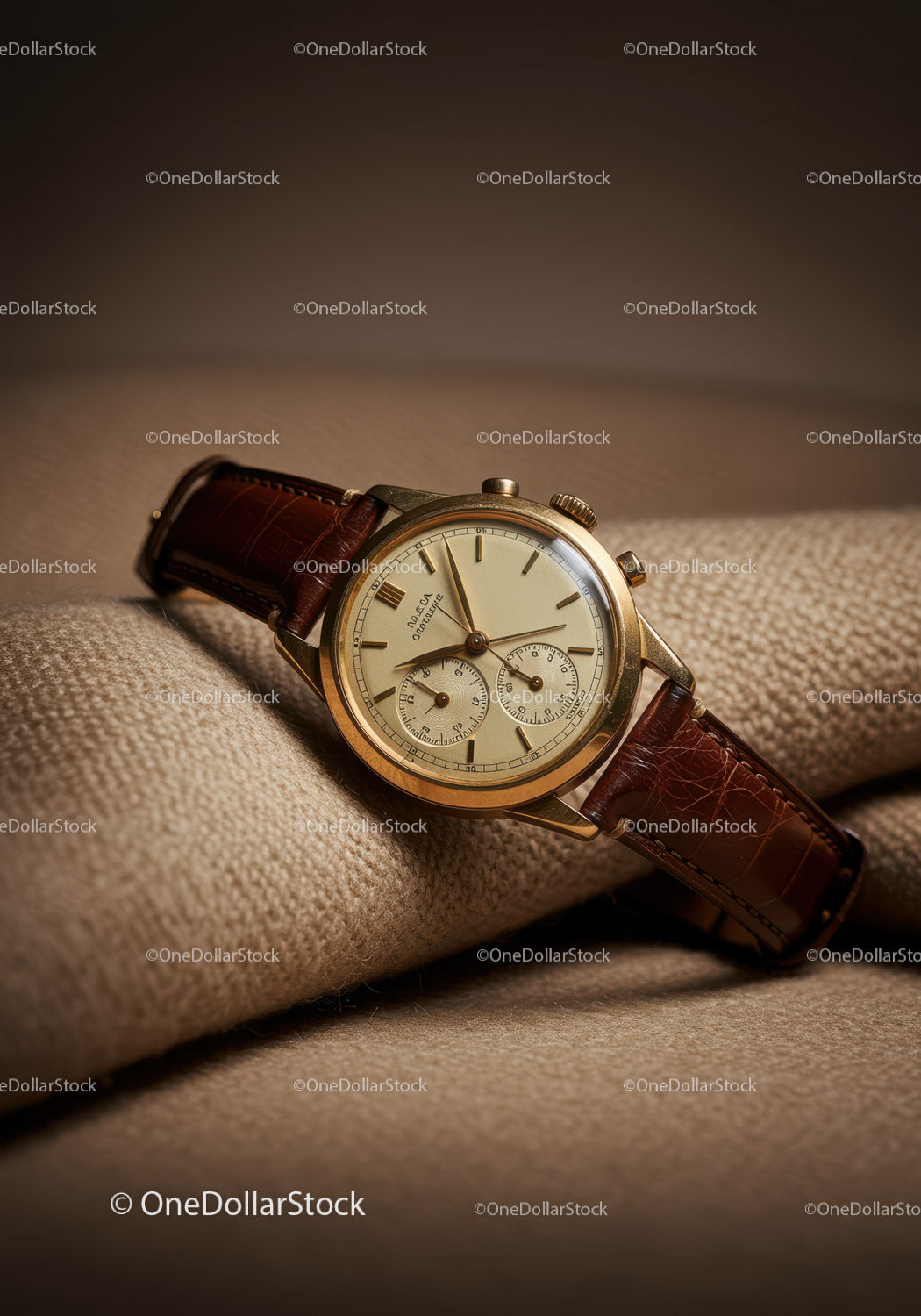 Elegant Gold Wristwatch with Leather Strap and Chronograph Features