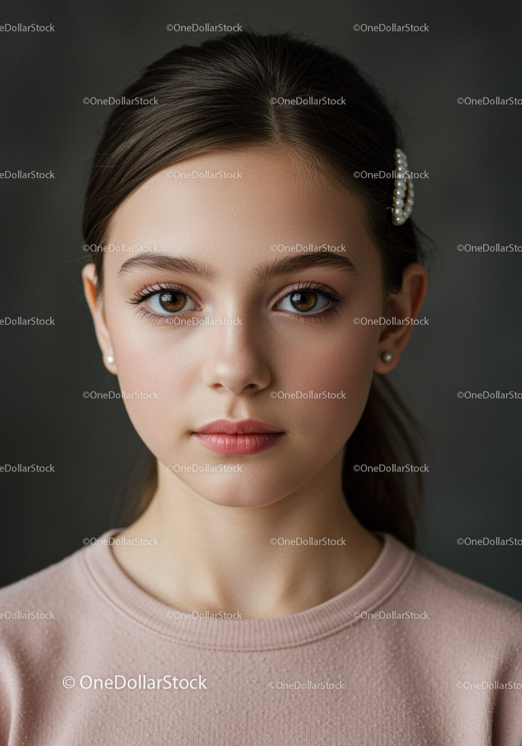 Portret młodej kobiety o orzechowych oczach w różowym swetrze