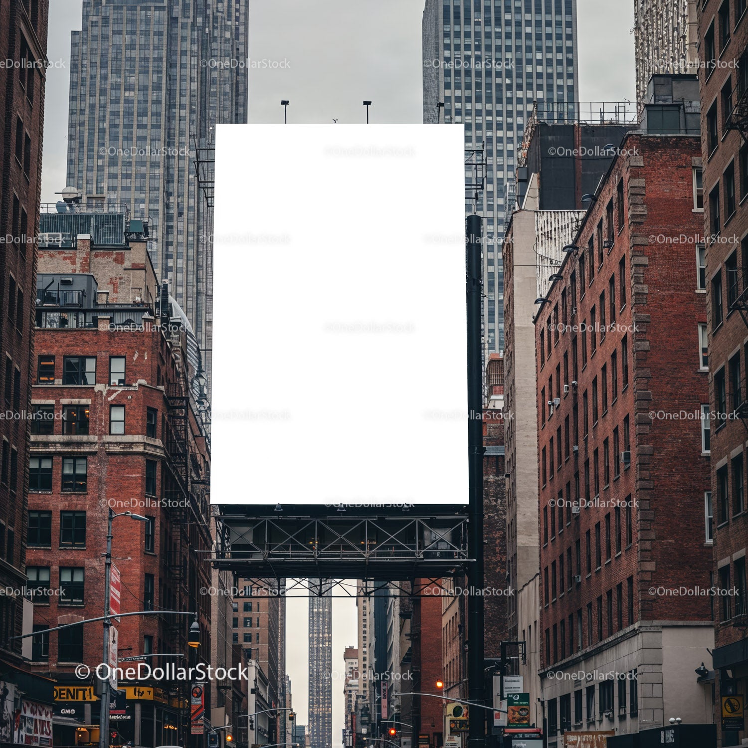 Empty White Billboard Above Busy Urban Street