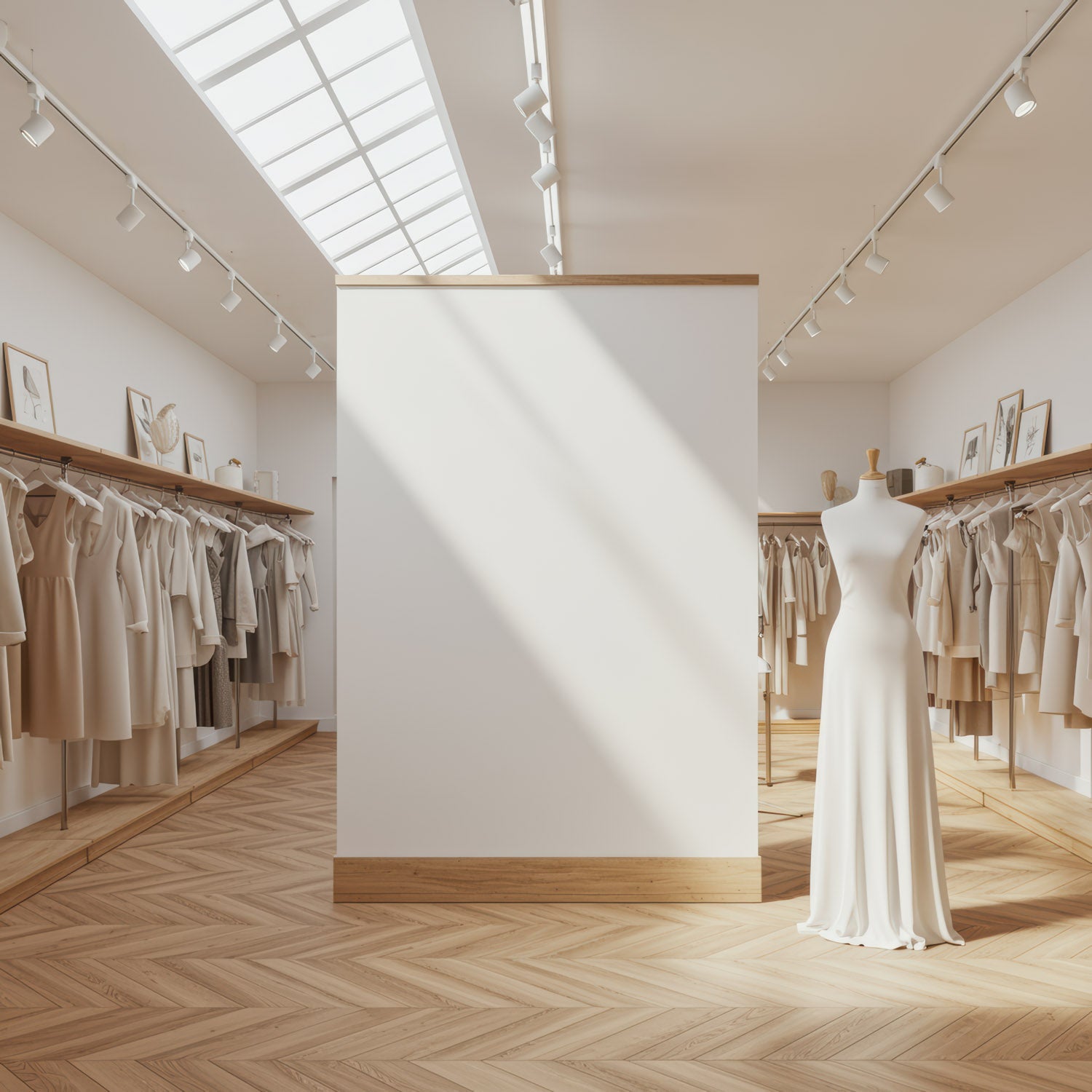 Minimalist boutique interior with elegant neutral dresses