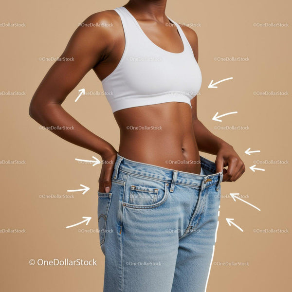 Slim Woman in White Sports Bra and Loose Jeans Measuring Waist