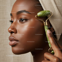 Close-Up of Black Woman Receiving Facial Massage with Jade Roller for Skincare