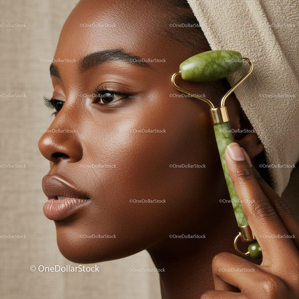 Close-Up of Black Woman Receiving Facial Massage with Jade Roller for Skincare