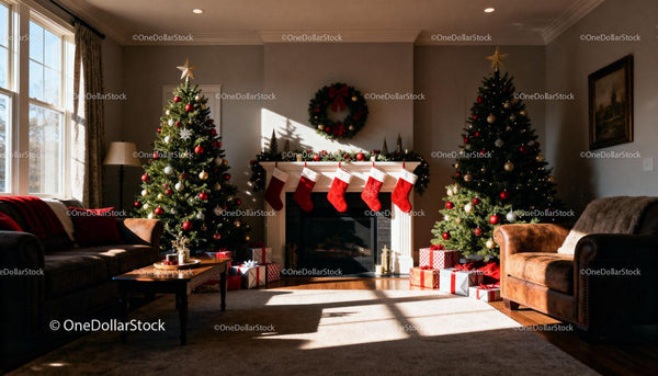Cozy living room with dual Christmas trees and festive decor