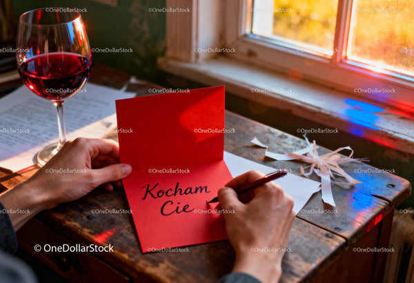 Man writing love message in red card near wine glass