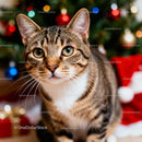Curious Tabby Cat Posing Near Festive Christmas Tree