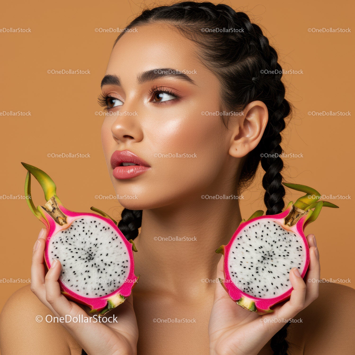 Portrait of a Young Woman Holding Halves of Pink Dragon Fruit for Natural Beauty